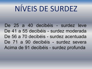 NÍVEIS DE SURDEZ
De 25 a 40 decibéis - surdez leve
De 41 a 55 decibéis - surdez moderada
De 56 a 70 decibéis - surdez acentuada
De 71 a 90 decibéis - surdez severa
Acima de 91 decibéis - surdez profunda
 