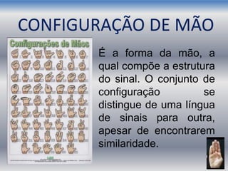 CONFIGURAÇÃO DE MÃO
É a forma da mão, a
qual compõe a estrutura
do sinal. O conjunto de
configuração se
distingue de uma língua
de sinais para outra,
apesar de encontrarem
similaridade.
 