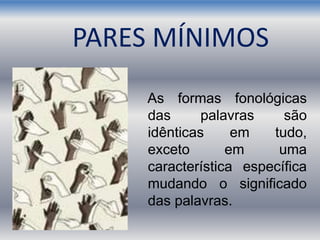 PARES MÍNIMOS
As formas fonológicas
das palavras são
idênticas em tudo,
exceto em uma
característica específica
mudando o significado
das palavras.
 