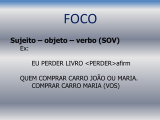 Sujeito – objeto – verbo (SOV)
Ex:
EU PERDER LIVRO <PERDER>afirm
QUEM COMPRAR CARRO JOÃO OU MARIA.
COMPRAR CARRO MARIA (VOS)
FOCO
 