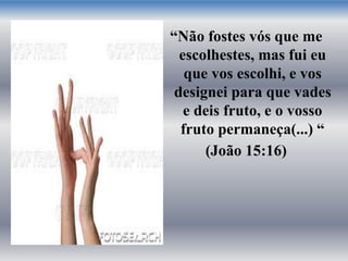 “Não fostes vós que me
escolhestes, mas fui eu
que vos escolhi, e vos
designei para que vades
e deis fruto, e o vosso
fruto permaneça(...) “
(João 15:16)
 