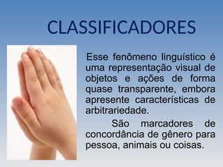 CLASSIFICADORES
Esse fenômeno linguístico é
uma representação visual de
objetos e ações de forma
quase transparente, embora
apresente características de
arbitrariedade.
São marcadores de
concordância de gênero para
pessoa, animais ou coisas.
 