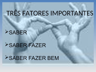 SABER
SABER FAZER
SABER FAZER BEM
TRÊS FATORES IMPORTANTES
 