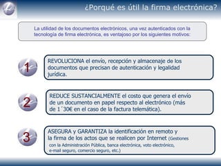 ¿Porqué es útil la firma electrónica? 1 REVOLUCIONA el envío, recepción y almacenaje  de los   documentos que precisan de autenticación y legalidad  jurídica. 2 REDUCE SUSTANCIALMENTE el costo que genera el envío  de un documento en papel respecto al electrónico (más  de 1´30€ en el caso de la factura telemática). 3 ASEGURA y GARANTIZA la identificación en remoto y  la firma de los actos que se realicen por Internet  (Gestiones  con la Administración Pública, banca electrónica, voto electrónico,   e-mail seguro, comercio seguro, etc.) La utilidad de los documentos electrónicos, una vez autenticados con la tecnología de firma electrónica, es ventajoso por los siguientes motivos: 
