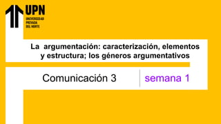 La argumentación: caracterización, elementos
y estructura; los géneros argumentativos
Comunicación 3 semana 1
 
