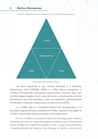 30
Figura 6 – Diferenças entre os conselhos e comissões de Biosseguranças
Fonte: Elaborada pelo autor (2022).
Um fator importante e que merece destaque é a diferença
estabelecida entre CTBNBio, CNBS e a CIBio. Nessa perspectiva, a
CTNBio é formada por especialistas pertencentes a diversas áreas que
a biotecnologia engloba. Assim, essa comissão é incumbida do controle
de pesquisas que são realizadas a partir de organismos geneticamente
modificados, avaliando a segurança e os riscos de tais OGMs.
Já o CNBS, que é o Conselho Nacional de Biossegurança, é a
comissão responsável pela avaliação da CTNBio, cabendo a ele julgar se
a OGM é interessante economicamente e favorável ao país.
Por fim, a CIBio é a Comissão Interna de Biossegurança, sendo a
comissão que deve ser criada por qualquer entidade com a intenção de
utilizar métodos de Engenharia Genética. Assim, a cabe a essa comissão
a responsabilidade de elaborar e de divulgar as normas, assim como
Bioética e Biossegurança
 