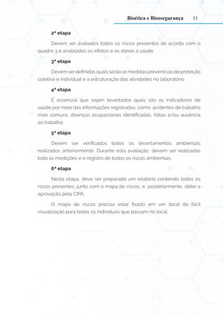 53
2ª etapa
Devem ser avaliados todos os riscos presentes de acordo com o
quadro 3 e analisados os efeitos e os danos à saúde.
3ª etapa
Devem serdefinidas quais serão as medidas preventivas de proteção
coletiva e individual e a estruturação das atividades no laboratório.
4ª etapa
É essencial que sejam levantados quais são os indicadores de
saúde por meio das informações registradas, como: acidentes de trabalho
mais comuns, doenças ocupacionais identificadas, faltas e/ou ausência
ao trabalho.
5ª etapa
Devem ser verificados todos os levantamentos ambientais
realizados anteriormente. Durante esta avaliação, devem ser realizadas
toda as medições e o registro de todos os riscos ambientais.
6ª etapa
Nesta etapa, deve ser preparado um relatório contendo todos os
riscos presentes, junto com o mapa de riscos, e, posteriormente, obter a
aprovação pela CIPA.
O mapa de riscos precisa estar fixado em um local de fácil
visualização para todas os indivíduos que passam no local.
Bioética e Biossegurança
 