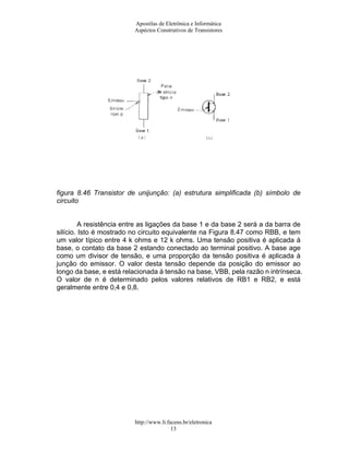 Apostilas de Eletrônica e Informática
Aspéctos Construtivos de Transistores
figura 8.46 Transistor de unijunção: (a) estrutura simplificada (b) símbolo de
circuito
A resistência entre as ligações da base 1 e da base 2 será a da barra de
silício. Isto é mostrado no circuito equivalente na Figura 8.47 como RBB, e tem
um valor típico entre 4 k ohms e 12 k ohms. Uma tensão positiva é aplicada à
base, o contato da base 2 estando conectado ao terminal positivo. A base age
como um divisor de tensão, e uma proporção da tensão positiva é aplicada à
junção do emissor. O valor desta tensão depende da posição do emissor ao
longo da base, e está relacionada à tensão na base, VBB, pela razão n intrínseca.
O valor de n é determinado pelos valores relativos de RB1 e RB2, e está
geralmente entre 0,4 e 0,8.
http://www.li.facens.br/eletronica
13
 