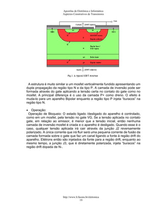Apostilas de Eletrônica e Informática
Aspéctos Construtivos de Transistores
A estrutura é muito similar a um mosfet verticalmente fundido apresentando um
dupla propagação da região tipo N e da tipo P. A camada de inversão pode ser
formada através do gate aplicando a tensão certa no contato do gate como no
mosfet. A principal diferença é o uso da camada P+ como dreno. O efeito é
muda-lo para um aparelho Bipolar enquanto a região tipo P injeta “buracos” na
região tipo N.
• Operação:
Operação de Bloqueio: O estado ligado /desligado do aparelho é controlado,
como em um mosfet, pela tensão no gate VG. Se a tensão aplicada no contato
gate, em relação ao emissor, é menor que a tensão inicial, então nenhuma
camada de inversão mosfet é criada e o aparelho é desligado. Quando esse é o
caso, qualquer tensão aplicada irá cair através da junção J2 reversamente
polarizado. A única corrente que irá fluir será uma pequena corrente de fusão da
camada formada sobre o gate que faz um canal ligando a fonte à região drift do
aparelho. Elétrons então são injetados da fonte para a região drift, enquanto ao
mesmo tempo, a junção J3, que é diretamente polarizada, injeta “buracos” na
região drift dopada de N-.
http://www.li.facens.br/eletronica
19
 