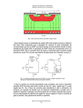 Apostilas de Eletrônica e Informática
Aspéctos Construtivos de Transistores
Essa injeção causa a modulação da região drift onde ambos buracos e elétrons
tem bem mais magnitude que a dopagem N- original. É essa modulação de
condutividade que da ao IGBT sua baixa tensão de acionamento devido a baixa
resistência da região drift. A operação do IGBT pode ser considerada como um
transistor PNP cuja a corrente drive de base é suprimida pela corrente mosfet
através do canal. Um circuito equivalente simples pode ser mostrado na fig.3 a.
A fig.3 b mostra um circuito equivalente mais completo, que inclui o transistor
parasita NPN formado pela fonte mosfet do tipo N+, pela região tipo P e pela
região tipo N-. Se o fluxo da corrente pela resistência é alto o suficiente, irá
produzir um aqueda de tensão que irá polarizar diretamente a junção com a
região N+ ligando o transistor que forma parte de um tiristor. Quando isso ocorre,
há uma alta injeção de elétrons da região N+ para a região P e todo o controle do
gate é perdido. Isso geralmente destrói o aparelho.
http://www.li.facens.br/eletronica
20
 