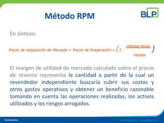 Método RPM
En síntesis:
El margen de utilidad de mercado calculado sobre el precio
de reventa representa la cantidad a partir de la cual un
revendedor independiente buscaría cubrir sus costos y
otros gastos operativos y obtener un beneficio razonable
tomando en cuenta las operaciones realizadas, los activos
utilizados y los riesgos arrogados.
 