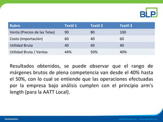 Rubro Textil 1 Textil 2 Textil 3
Venta (Precios de las Telas) 90 80 100
Costo (importación) 60 40 60
Utilidad Bruta 40 40 40
Utilidad Bruta / Ventas 44% 50% 40%
Resultados obtenidos, se puede observar que el rango de
márgenes brutos de plena competencia van desde el 40% hasta
el 50%, con lo cual se entiende que las operaciones efectuadas
por la empresa bajo análisis cumplen con el principio arm's
length (para la AATT Local).
 