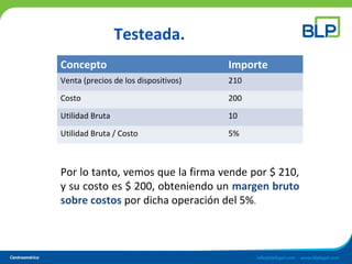 Testeada.
Concepto Importe
Venta (precios de los dispositivos) 210
Costo 200
Utilidad Bruta 10
Utilidad Bruta / Costo 5%
Por lo tanto, vemos que la firma vende por $ 210,
y su costo es $ 200, obteniendo un margen bruto
sobre costos por dicha operación del 5%.
 