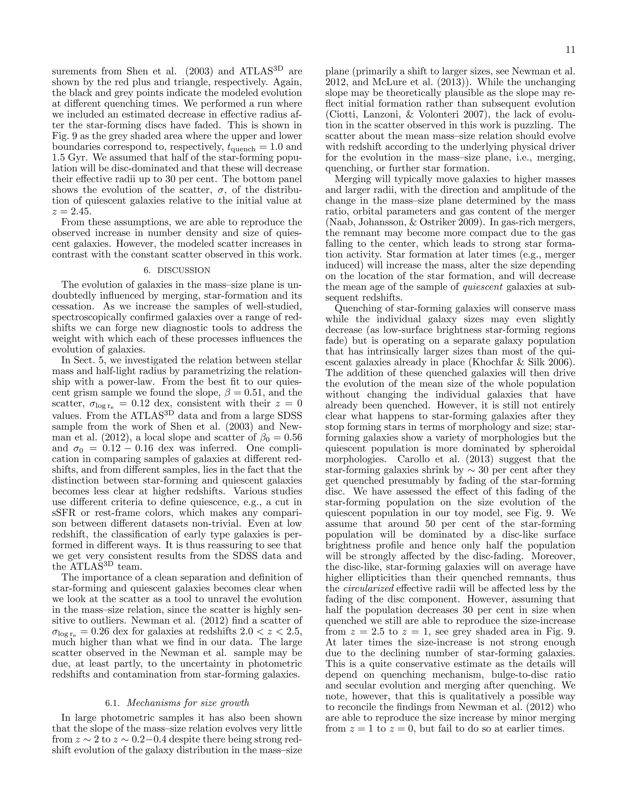 11
surements from Shen et al. (2003) and ATLAS3D are
shown by the red plus and triangle, respectively. Again,
the black and grey points indicate the modeled evolution
at diﬀerent quenching times. We performed a run where
we included an estimated decrease in eﬀective radius after the star-forming discs have faded. This is shown in
Fig. 9 as the grey shaded area where the upper and lower
boundaries correspond to, respectively, tquench = 1.0 and
1.5 Gyr. We assumed that half of the star-forming population will be disc-dominated and that these will decrease
their eﬀective radii up to 30 per cent. The bottom panel
shows the evolution of the scatter, σ, of the distribution of quiescent galaxies relative to the initial value at
z = 2.45.
From these assumptions, we are able to reproduce the
observed increase in number density and size of quiescent galaxies. However, the modeled scatter increases in
contrast with the constant scatter observed in this work.
6. DISCUSSION

The evolution of galaxies in the mass–size plane is undoubtedly inﬂuenced by merging, star-formation and its
cessation. As we increase the samples of well-studied,
spectroscopically conﬁrmed galaxies over a range of redshifts we can forge new diagnostic tools to address the
weight with which each of these processes inﬂuences the
evolution of galaxies.
In Sect. 5, we investigated the relation between stellar
mass and half-light radius by parametrizing the relationship with a power-law. From the best ﬁt to our quiescent grism sample we found the slope, β = 0.51, and the
scatter, σlog re = 0.12 dex, consistent with their z = 0
values. From the ATLAS3D data and from a large SDSS
sample from the work of Shen et al. (2003) and Newman et al. (2012), a local slope and scatter of β0 = 0.56
and σ0 = 0.12 − 0.16 dex was inferred. One complication in comparing samples of galaxies at diﬀerent redshifts, and from diﬀerent samples, lies in the fact that the
distinction between star-forming and quiescent galaxies
becomes less clear at higher redshifts. Various studies
use diﬀerent criteria to deﬁne quiescence, e.g., a cut in
sSFR or rest-frame colors, which makes any comparison between diﬀerent datasets non-trivial. Even at low
redshift, the classiﬁcation of early type galaxies is performed in diﬀerent ways. It is thus reassuring to see that
we get very consistent results from the SDSS data and
the ATLAS3D team.
The importance of a clean separation and deﬁnition of
star-forming and quiescent galaxies becomes clear when
we look at the scatter as a tool to unravel the evolution
in the mass–size relation, since the scatter is highly sensitive to outliers. Newman et al. (2012) ﬁnd a scatter of
σlog re = 0.26 dex for galaxies at redshifts 2.0 < z < 2.5,
much higher than what we ﬁnd in our data. The large
scatter observed in the Newman et al. sample may be
due, at least partly, to the uncertainty in photometric
redshifts and contamination from star-forming galaxies.
6.1. Mechanisms for size growth
In large photometric samples it has also been shown
that the slope of the mass–size relation evolves very little
from z ∼ 2 to z ∼ 0.2−0.4 despite there being strong redshift evolution of the galaxy distribution in the mass–size

plane (primarily a shift to larger sizes, see Newman et al.
2012, and McLure et al. (2013)). While the unchanging
slope may be theoretically plausible as the slope may reﬂect initial formation rather than subsequent evolution
(Ciotti, Lanzoni, & Volonteri 2007), the lack of evolution in the scatter observed in this work is puzzling. The
scatter about the mean mass–size relation should evolve
with redshift according to the underlying physical driver
for the evolution in the mass–size plane, i.e., merging,
quenching, or further star formation.
Merging will typically move galaxies to higher masses
and larger radii, with the direction and amplitude of the
change in the mass–size plane determined by the mass
ratio, orbital parameters and gas content of the merger
(Naab, Johansson, & Ostriker 2009). In gas-rich mergers,
the remnant may become more compact due to the gas
falling to the center, which leads to strong star formation activity. Star formation at later times (e.g., merger
induced) will increase the mass, alter the size depending
on the location of the star formation, and will decrease
the mean age of the sample of quiescent galaxies at subsequent redshifts.
Quenching of star-forming galaxies will conserve mass
while the individual galaxy sizes may even slightly
decrease (as low-surface brightness star-forming regions
fade) but is operating on a separate galaxy population
that has intrinsically larger sizes than most of the quiescent galaxies already in place (Khochfar & Silk 2006).
The addition of these quenched galaxies will then drive
the evolution of the mean size of the whole population
without changing the individual galaxies that have
already been quenched. However, it is still not entirely
clear what happens to star-forming galaxies after they
stop forming stars in terms of morphology and size; starforming galaxies show a variety of morphologies but the
quiescent population is more dominated by spheroidal
morphologies. Carollo et al. (2013) suggest that the
star-forming galaxies shrink by ∼ 30 per cent after they
get quenched presumably by fading of the star-forming
disc. We have assessed the eﬀect of this fading of the
star-forming population on the size evolution of the
quiescent population in our toy model, see Fig. 9. We
assume that around 50 per cent of the star-forming
population will be dominated by a disc-like surface
brightness proﬁle and hence only half the population
will be strongly aﬀected by the disc-fading. Moreover,
the disc-like, star-forming galaxies will on average have
higher ellipticities than their quenched remnants, thus
the circularized eﬀective radii will be aﬀected less by the
fading of the disc component. However, assuming that
half the population decreases 30 per cent in size when
quenched we still are able to reproduce the size-increase
from z = 2.5 to z = 1, see grey shaded area in Fig. 9.
At later times the size-increase is not strong enough
due to the declining number of star-forming galaxies.
This is a quite conservative estimate as the details will
depend on quenching mechanism, bulge-to-disc ratio
and secular evolution and merging after quenching. We
note, however, that this is qualitatively a possible way
to reconcile the ﬁndings from Newman et al. (2012) who
are able to reproduce the size increase by minor merging
from z = 1 to z = 0, but fail to do so at earlier times.

 
