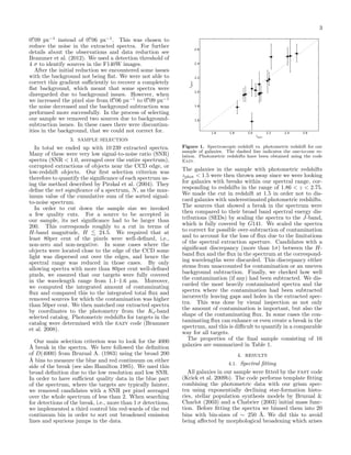 3

3. SAMPLE SELECTION

In total we ended up with 10 239 extracted spectra.
Many of these were very low signal-to-noise ratio (SNR)
spectra (SNR < 1.0, averaged over the entire spectrum),
corrupted extractions of objects near the CCD edge, or
low-redshift objects. Our ﬁrst selection criterion was
therefore to quantify the signiﬁcance of each spectrum using the method described by Pirzkal et al. (2004). They
deﬁne the net signiﬁcance of a spectrum, N , as the maximum value of the cumulative sum of the sorted signalto-noise spectrum.
In order to cut down the sample size we invoked
a few quality cuts. For a source to be accepted in
our sample, its net signiﬁcance had to be larger than
200. This corresponds roughly to a cut in terms of
H-band magnitude, H
24.5. We required that at
least 80per cent of the pixels were well-deﬁned, i.e.,
non-zero and non-negative. In some cases where the
objects were located close to the edge of the CCD some
light was dispersed out over the edges, and hence the
spectral range was reduced in those cases. By only
allowing spectra with more than 80per cent well-deﬁned
pixels, we ensured that our targets were fully covered
in the wavelength range from 1.1–1.6 µm. Moreover,
we computed the integrated amount of contaminating
ﬂux and compared this to the integrated total ﬂux and
removed sources for which the contamination was higher
than 50per cent. We then matched our extracted spectra
by coordinates to the photometry from the Ks -band
selected catalog. Photometric redshifts for targets in the
catalog were determined with the eazy code (Brammer
et al. 2008).
Our main selection criterion was to look for the 4000
˚ break in the spectra. We here followed the deﬁnition
A
of D(4000) from Bruzual A. (1983) using the broad 200
˚ bins to measure the blue and red continuum on either
A
side of the break (see also Hamilton 1985). We used this
broad deﬁnition due to the low resolution and low SNR.
In order to have suﬃcient quality data in the blue part
of the spectrum, where the targets are typically fainter,
we removed candidates with a SNR per pixel averaged
over the whole spectrum of less than 2. When searching
for detections of the break, i.e., more than 1 σ detections,
we implemented a third control bin red-wards of the red
continuum bin in order to sort out broadened emission
lines and spurious jumps in the data.

2.6

2.4

2.2

zphot

0. 09 px−1 instead of 0. 06 px−1 . This was chosen to
reduce the noise in the extracted spectra. For further
details about the observations and data reduction see
Brammer et al. (2012). We used a detection threshold of
4 σ to identify sources in the F140W images.
After the initial reduction we encountered some issues
with the background not being ﬂat. We were not able to
correct this gradient suﬃciently to recover a completely
ﬂat background, which meant that some spectra were
disregarded due to background issues. However, when
we increased the pixel size from 0. 06 px−1 to 0. 09 px−1
the noise decreased and the background subtraction was
performed more successfully. In the process of selecting
our sample we removed two sources due to backgroundsubtraction issues. In these cases there were discontinuities in the background, that we could not correct for.

2.0

1.8

1.6

1.6

1.8

2.0

zspec

2.2

2.4

2.6

Figure 1. Spectroscopic redshift vs. photometric redshift for our
sample of galaxies. The dashed line indicates the one-to-one relation. Photometric redshifts have been obtained using the code
Eazy.

The galaxies in the sample with photometric redshifts
zphot < 1.5 were then thrown away since we were looking
for galaxies with breaks within our spectral range, corresponding to redshifts in the range of 1.86 < z < 2.75.
We made the cut in redshift at 1.5 in order not to discard galaxies with underestimated photometric redshifts.
The sources that showed a break in the spectrum were
then compared to their broad band spectral energy distributions (SEDs) by scaling the spectra to the J-band,
which is fully covered by G141. We scaled the spectra
to correct for possible over-subtraction of contamination
and to account for the loss of ﬂux due to the limitations
of the spectral extraction aperture. Candidates with a
signiﬁcant discrepancy (more than 1σ) between the Hband ﬂux and the ﬂux in the spectrum at the corresponding wavelengths were discarded. This discrepancy either
stems from unaccounted for contamination or an uneven
background subtraction. Finally, we checked how well
the contamination (if any) had been subtracted. We discarded the most heavily contaminated spectra and the
spectra where the contamination had been subtracted
incorrectly leaving gaps and holes in the extracted spectra. This was done by visual inspection as not only
the amount of contamination is important, but also the
shape of the contaminating ﬂux. In some cases the contaminating ﬂux can enhance or even create a break in the
spectrum, and this is diﬃcult to quantify in a comparable
way for all targets.
The properties of the ﬁnal sample consisting of 16
galaxies are summarized in Table 1.
4. RESULTS
4.1. Spectral ﬁtting

All galaxies in our sample were ﬁtted by the fast code
(Kriek et al. 2009b). The code performs template ﬁtting
combining the photometric data with our grism spectra using exponentially declining star-formation histories, stellar population synthesis models by Bruzual &
Charlot (2003) and a Chabrier (2003) initial mass function. Before ﬁtting the spectra we binned them into 20
bins with bin-sizes of ∼ 250 ˚. We did this to avoid
A
being aﬀected by morphological broadening which arises

 