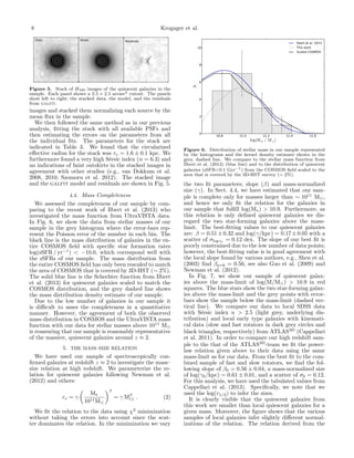 8

Krogager et al.
Data

Model

Residuals

Ilbert et al. 2013
This work
Scaled COSMOS

10

8

Figure 5. Stack of H160 images of the quiescent galaxies in the
sample. Each panel shows a 2.5 × 2.5 arcsec2 cutout. The panels
show left to right; the stacked data, the model, and the residuals
from galfit.

images and stacked them normalizing each source by the
mean ﬂux in the sample.
We then followed the same method as in our previous
analysis, ﬁtting the stack with all available PSFs and
then estimating the errors on the parameters from all
the individual ﬁts. The parameters for the stack are
indicated in Table 3. We found that the circularized
eﬀective radius for the stack was re = 1.6 ± 0.1 kpc. We
furthermore found a very high S´rsic index (n = 6.3) and
e
no indications of faint outskirts in the stacked images in
agreement with other studies (e.g., van Dokkum et al.
2008, 2010; Szomoru et al. 2012). The stacked image
and the galfit model and residuals are shown in Fig. 5.
4.4. Mass Completeness
We assessed the completeness of our sample by comparing to the recent work of Ilbert et al. (2013) who
investigated the mass function from UltraVISTA data.
In Fig. 6, we show the data from stellar masses of our
sample in the grey histogram where the error-bars represent the Poisson error of the number in each bin. The
black line is the mass distribution of galaxies in the entire COSMOS ﬁeld with speciﬁc star formation rates
log(sSFR / yr−1 ) < −10.0, which correspond well with
the sSFRs of our sample. The mass distribution from
the entire COSMOS ﬁeld has only been rescaled to match
the area of COSMOS that is covered by 3D-HST (∼ 2%).
The solid blue line is the Schechter function from Ilbert
et al. (2013) for quiescent galaxies scaled to match the
COSMOS distribution, and the grey dashed line shows
the mass distribution density estimate of our sample.
Due to the low number of galaxies in our sample it
is diﬃcult to asses the completeness in a quantitative
manner. However, the agreement of both the observed
mass distribution in COSMOS and the UltraVISTA mass
function with our data for stellar masses above 1011 M
is reassuring that our sample is reasonably representative
of the massive, quiescent galaxies around z ≈ 2.
5. THE MASS–SIZE RELATION

We have used our sample of spectroscopically conﬁrmed galaxies at redshift z ≈ 2 to investigate the mass–
size relation at high redshift. We parameterize the relation for quiescent galaxies following Newman et al.
(2012) and others:
re = γ

M
11 M
10

β

= γ Mβ .
11

(2)

We ﬁt the relation to the data using χ2 minimization
without taking the errors into account since the scatter dominates the relation. In the minimization we vary

N

6

4

2

0

10.8

11.0

11.2

log(M ⋆ / M ⊙)

11.4

11.6

Figure 6. Distribution of stellar mass in our sample represented
by the histograms and the kernel density estimate shown in the
grey, dashed line. We compare to the stellar mass function from
Ilbert et al. (2013) (blue line) and to the distribution of quiescent
galaxies (sSFR<0.1 Gyr−1 ) from the COSMOS ﬁeld scaled to the
area that is covered by the 3D-HST survey (∼ 2%).

the two ﬁt parameters; slope (β) and mass-normalized
size (γ). In Sect. 4.4, we have estimated that our sample is complete only for masses larger than ∼ 1011 M ,
and hence we only ﬁt the relation for the galaxies in
our sample that fulﬁll log(M ) > 10.9. Furthermore, as
this relation is only deﬁned quiescent galaxies we disregard the two star-forming galaxies above the masslimit. The best-ﬁtting values to our quiescent galaxies
are: β = 0.51 ± 0.32 and log(γ/kpc) = 0.17 ± 0.05 with a
scatter of σlog re = 0.12 dex. The slope of our best ﬁt is
poorly constrained due to the low number of data points;
however, the best-ﬁtting value is in good agreement with
the local slope found by various authors, e.g., Shen et al.
(2003) ﬁnd βz=0 = 0.56, see also Guo et al. (2009) and
Newman et al. (2012).
In Fig. 7, we show our sample of quiescent galaxies above the mass-limit of log(M/M ) > 10.9 in red
squares. The blue stars show the two star-forming galaxies above the mass-limit and the grey points with errorbars show the sample below the mass-limit (dashed vertical line). We compare our data to local SDSS data
with S´rsic index n > 2.5 (light grey, underlying dise
tribution) and local early type galaxies with kinematical data (slow and fast rotators in dark grey circles and
black triangles, respectively) from ATLAS3D (Cappellari
et al. 2011). In order to compare our high redshift sample to the that of the ATLAS3D -team we ﬁt the powerlaw relation given above to their data using the same
mass-limit as for our data. From the best ﬁt to the combined sample of fast and slow rotators, we ﬁnd the following slope of β0 = 0.56 ± 0.04, a mass-normalized size
of log(γ0 /kpc) = 0.61 ± 0.01, and a scatter of σ0 = 0.12.
For this analysis, we have used the tabulated values from
Cappellari et al. (2013). Speciﬁcally, we note that we
used the log(r1/2 ) to infer the sizes.
It is clearly visible that the quiescent galaxies from
this work are smaller than local quiescent galaxies for a
given mass. Moreover, the ﬁgure shows that the various
samples of local galaxies infer slightly diﬀerent normalizations of the relation. The relation derived from the

 