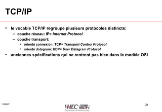 TCP/IP le vocable TCP/IP regroupe plusieurs protocoles distincts: couche réseau: IP=  Internet Protocol couche transport: orienté connexion: TCP = Transport Control Protocol orienté datagram: UDP=  User Datagram Protocol anciennes spécifications qui ne rentrent pas bien dans le modèle OSI 