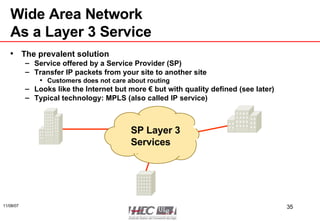 Wide Area Network As a Layer 3 Service The prevalent solution Service offered by a Service Provider (SP) Transfer IP packets from your site to another site Customers does not care about routing Looks like the Internet but more € but with quality defined (see later) Typical technology: MPLS (also called IP service) SP Layer 3 Services 