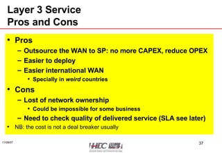 Layer 3 Service Pros and Cons Pros Outsource the WAN to SP: no more CAPEX, reduce OPEX Easier to deploy Easier international WAN Specially in  weird  countries Cons Lost of network ownership Could be impossible for some business Need to check quality of delivered service (SLA see later) NB: the cost is not a deal breaker usually 