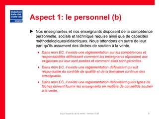 Aspect 1: le personnel (b)
 Nos enseignantes et nos enseignants disposent de la compétence
  personnelle, sociale et technique requise ainsi que de capacités
  méthodologiques/didactiques. Nous attendons en outre de leur
  part qu’ils assument des tâches de soutien à la vente.
    Dans mon EC, il existe une réglementation sur les compétences et
     responsabilités définissant comment les enseignants répondent aux
     exigences qui leur sont posées et comment elles sont garanties.
    Dans mon EC, il existe une réglementation définissant qui est
     responsable du contrôle de qualité et de la formation continue des
     enseignants.
    Dans mon EC, il existe une réglementation définissant quels types de
     tâches doivent fournir les enseignants en matière de conseil/de soutien
     à la vente.




                 Les 4 aspects de la vente - version 0.96                 8
 