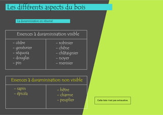 Les différents aspects du bois
    La duraminisaton en résumé



    Essences à duraminisation visible
  - cèdre                        - robinier
  - genévrier                    - chêne
  - séquoia                      - châtaignier
  - douglas                      - noyer
  - pin                          - merisier



 Essences à duraminisation non visible
  - sapin                        - hêtre
  - épicéa                       - charme
                                 - peuplier      Cette liste n’est pas exhaustive.
 