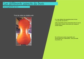 Les différents aspects du bois
Les singularités du bois




                Fond de violon en érable ondé

                                                Il y a des défauts très appréciés dans le bois :
                                                « ne pas être de droit fil » !
                                                Cette singularité est très recherchée dans le cas de
                                                l’érable pour certains instruments de musique à
                                                cordes frottées.




                                                De nombreuses autres singularités sont
                                                recherchées pour l’ébénisterie : bois pommelé,
                                                moucheté, etc.
 