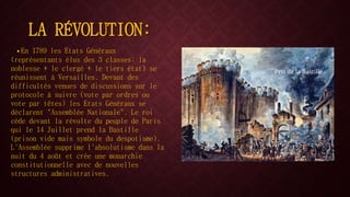 LA RÉVOLUTION: 
• En 1789 les Etats Généraux 
(représentants élus des 3 classes: la 
noblesse + le clergé + le tiers état) se 
réunissent à Versailles. Devant des 
difficultés venues de discussions sur le 
protocole à suivre (vote par ordres ou 
vote par têtes) les Etats Généraux se 
déclarent "Assemblée Nationale". Le roi 
cède devant la révolte du peuple de Paris 
qui le 14 Juillet prend la Bastille 
(prison vide mais symbole du despotisme). 
L'Assemblée supprime l'absolutisme dans la 
nuit du 4 août et crée une monarchie 
constitutionnelle avec de nouvelles 
structures administratives. 
Pris de la Bastille 
 