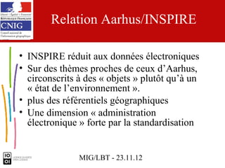 Relation Aarhus/INSPIRE

• INSPIRE réduit aux données électroniques
• Sur des thèmes proches de ceux d’Aarhus,
  circonscrits à des « objets » plutôt qu’à un
  « état de l’environnement ».
• plus des référentiels géographiques
• Une dimension « administration
  électronique » forte par la standardisation


               MIG/LBT - 23.11.12
 