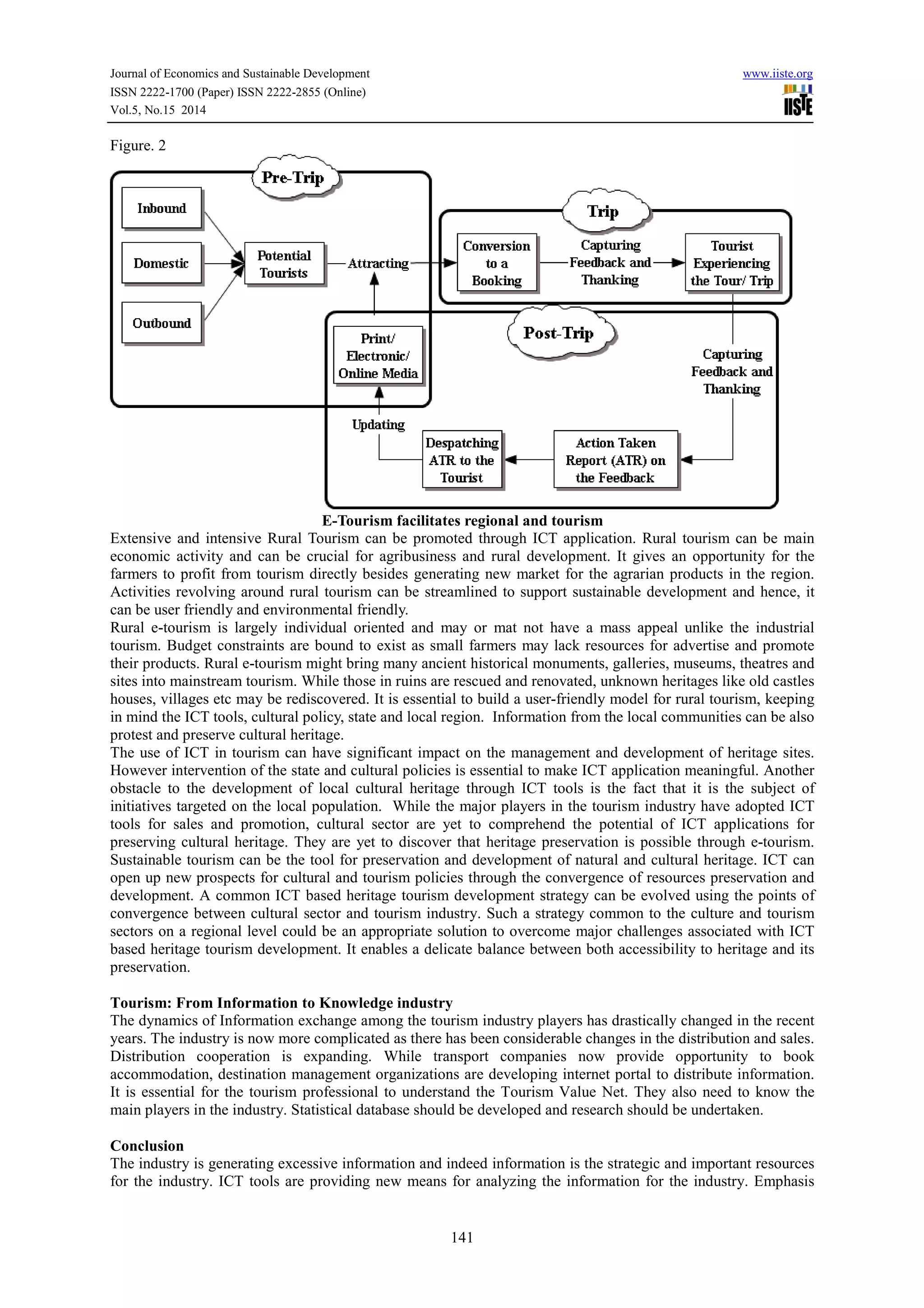 Journal of Economics and Sustainable Development www.iiste.org 
ISSN 2222-1700 (Paper) ISSN 2222-2855 (Online) 
Vol.5, No.15 2014 
141 
Figure. 2 
E-Tourism facilitates regional and tourism 
Extensive and intensive Rural Tourism can be promoted through ICT application. Rural tourism can be main 
economic activity and can be crucial for agribusiness and rural development. It gives an opportunity for the 
farmers to profit from tourism directly besides generating new market for the agrarian products in the region. 
Activities revolving around rural tourism can be streamlined to support sustainable development and hence, it 
can be user friendly and environmental friendly. 
Rural e-tourism is largely individual oriented and may or mat not have a mass appeal unlike the industrial 
tourism. Budget constraints are bound to exist as small farmers may lack resources for advertise and promote 
their products. Rural e-tourism might bring many ancient historical monuments, galleries, museums, theatres and 
sites into mainstream tourism. While those in ruins are rescued and renovated, unknown heritages like old castles 
houses, villages etc may be rediscovered. It is essential to build a user-friendly model for rural tourism, keeping 
in mind the ICT tools, cultural policy, state and local region. Information from the local communities can be also 
protest and preserve cultural heritage. 
The use of ICT in tourism can have significant impact on the management and development of heritage sites. 
However intervention of the state and cultural policies is essential to make ICT application meaningful. Another 
obstacle to the development of local cultural heritage through ICT tools is the fact that it is the subject of 
initiatives targeted on the local population. While the major players in the tourism industry have adopted ICT 
tools for sales and promotion, cultural sector are yet to comprehend the potential of ICT applications for 
preserving cultural heritage. They are yet to discover that heritage preservation is possible through e-tourism. 
Sustainable tourism can be the tool for preservation and development of natural and cultural heritage. ICT can 
open up new prospects for cultural and tourism policies through the convergence of resources preservation and 
development. A common ICT based heritage tourism development strategy can be evolved using the points of 
convergence between cultural sector and tourism industry. Such a strategy common to the culture and tourism 
sectors on a regional level could be an appropriate solution to overcome major challenges associated with ICT 
based heritage tourism development. It enables a delicate balance between both accessibility to heritage and its 
preservation. 
Tourism: From Information to Knowledge industry 
The dynamics of Information exchange among the tourism industry players has drastically changed in the recent 
years. The industry is now more complicated as there has been considerable changes in the distribution and sales. 
Distribution cooperation is expanding. While transport companies now provide opportunity to book 
accommodation, destination management organizations are developing internet portal to distribute information. 
It is essential for the tourism professional to understand the Tourism Value Net. They also need to know the 
main players in the industry. Statistical database should be developed and research should be undertaken. 
Conclusion 
The industry is generating excessive information and indeed information is the strategic and important resources 
for the industry. ICT tools are providing new means for analyzing the information for the industry. Emphasis 
 