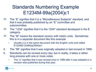 Standards Numbering Example
               E1234M-99a(2004)ε1
        The “E” signifies that it is a “Miscellaneous Subje...