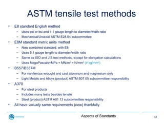 ASTM tensile test methods
•   E8 standard English method
     –   Uses psi or ksi and 4:1 gauge length to diameter/width r...