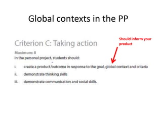 Should inform your
product
Global contexts in the PP
 
