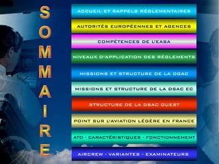 POINT SUR L’AVIATION LÉGÈRE EN FRANCE
MISSIONS ET STRUCTURE DE LA DGAC
MISSIONS ET STRUCTURE DE LA DSAC EC
AIRCREW - VARIANTES - EXAMINATEURS
ACCUEIL ET RAPPELS RÉGLEMENTAIRES
COMPÉTENCES DE L’EASA
AUTORITÉS EUROPÉENNES ET AGENCES
NIVEAUX D’APPLICATION DES RÈGLEMENTS
STRUCTURE DE LA DSAC OUEST
ATO - CARACTÉRISTIQUES - FONCTIONNEMENT
 
