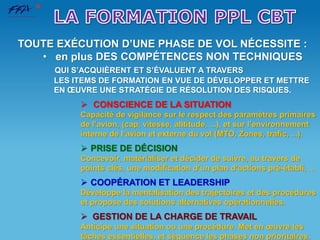 TOUTE EXÉCUTION D’UNE PHASE DE VOL NÉCESSITE :
• en plus DES COMPÉTENCES NON TECHNIQUES
QUI S’ACQUIÈRENT ET S’ÉVALUENT A TRAVERS
LES ITEMS DE FORMATION EN VUE DE DÉVELOPPER ET METTRE
EN ŒUVRE UNE STRATÉGIE DE RÉSOLUTION DES RISQUES.
 CONSCIENCE DE LA SITUATION
Capacité de vigilance sur le respect des paramètres primaires
de l’avion, (cap, vitesse, alltitude, ...), et sur l’environnement
interne de l’avion et externe du vol (MTO, Zones, trafic, ...).
 PRISE DE DÉCISION
Concevoir, matérialiser et décider de suivre, au travers de
points clés, une modification d’un plan d’actions pré-établi, ...
 COOPÉRATION ET LEADERSHIP
Développe la mentalisation des trajectoires et des procédures
et propose des solutions alternatives opérationnelles.
 GESTION DE LA CHARGE DE TRAVAIL
Anticipe une situation ou une procédure. Met en œuvre les
tâches essentielles, et séquence les phases non prioritaires.
 