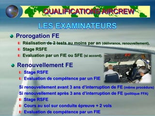 Prorogation FE
Réalisation de 2 tests au moins par an (délivrance, renouvellement),
Stage RSFE
Evaluation par un FIE ou SFE (si accord).
Renouvellement FE
Stage RSFE
Evaluation de compétence par un FIE
Si renouvellement avant 3 ans d’interruption de FE (même procédure)
Si renouvellement après 3 ans d’interruption de FE (politique FFA)
Stage RSFE
Cours au sol sur conduite épreuve + 2 vols
Evaluation de compétence par un FIE
QUALIFICATIONS AIRCREW
 