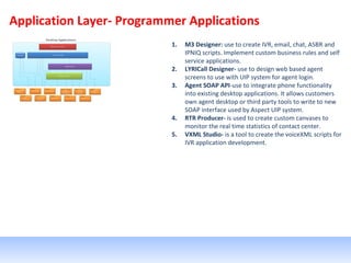 Application Layer- Programmer Applications
1. M3 Designer: use to create IVR, email, chat, ASBR and
IPNIQ scripts. Implement custom business rules and self
service applications.
2. LYRICall Designer- use to design web based agent
screens to use with UIP system for agent login.
3. Agent SOAP API-use to integrate phone functionality
into existing desktop applications. It allows customers
own agent desktop or third party tools to write to new
SOAP interface used by Aspect UIP system.
4. RTR Producer- is used to create custom canvases to
monitor the real time statistics of contact center.
5. VXML Studio- is a tool to create the voiceXML scripts for
IVR application development.
 