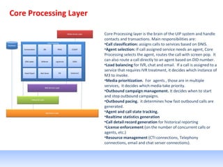 Core Processing Layer
Core Processing layer is the brain of the UIP system and handle
contacts and transactions. Main responsibilities are:
•Call classification: assigns calls to services based on DNIS.
•Agent selection: If call assigned service needs an agent, Core
Processing selects the agent, routes the call with screen pop. It
can also route a call directly to an agent based on DID number.
•Load balancing for IVR, chat and email. If a call is assigned to a
service that requires IVR treatment, it decides which instance of
M3 to invoke.
•Media prioritization. For agents , those are in multiple
services, it decides which media take priority.
•Outbound campaign management. It decides when to start
and stop outbound campaigns.
•Outbound pacing. it determines how fast outbound calls are
generated.
•Agent and call state tracking.
•Realtime statistics generation
•Call detail record generation for historical reporting
•License enforcement (on the number of concurrent calls or
agents, etc.)
•Resource management (CTI connections, Telephony
connections, email and chat server connections).
 