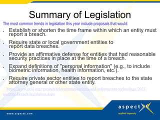 Summary of Legislation
The most common trends in legislation this year include proposals that would:
 Establish or shorten the time frame within which an entity must
report a breach.
 Require state or local government entities to
report data breaches.
 Provide an affirmative defense for entities that had reasonable
security practices in place at the time of a breach.
 Expand definitions of "personal information" (e.g., to include
biometric information, health information, etc.).
 Require private sector entities to report breaches to the state
attorney general or other state entity.
--https://www.ncsl.org/research/telecommunications-and-information-technology/2021-
security-breach-legislation.aspx
 