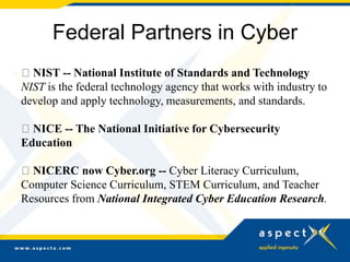 Federal Partners in Cyber
NIST -- National Institute of Standards and Technology
NIST is the federal technology agency that works with industry to
develop and apply technology, measurements, and standards.
NICE -- The National Initiative for Cybersecurity
Education
NICERC now Cyber.org -- Cyber Literacy Curriculum,
Computer Science Curriculum, STEM Curriculum, and Teacher
Resources from National Integrated Cyber Education Research.
 