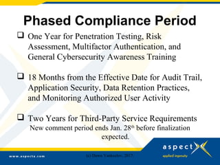 Phased Compliance Period
 One Year for Penetration Testing, Risk
Assessment, Multifactor Authentication, and
General Cybersecurity Awareness Training
 18 Months from the Effective Date for Audit Trail,
Application Security, Data Retention Practices,
and Monitoring Authorized User Activity
 Two Years for Third-Party Service Requirements
New comment period ends Jan. 28th
before finalization
expected.
(c) Dawn Yankeelov, 2017.
 