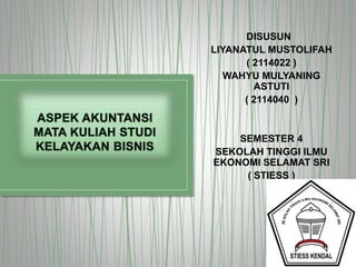 DISUSUN
LIYANATUL MUSTOLIFAH
( 2114022 )
WAHYU MULYANING
ASTUTI
( 2114040 )
SEMESTER 4
SEKOLAH TINGGI ILMU
EKONOMI SELAMAT SRI
( STIESS )
 