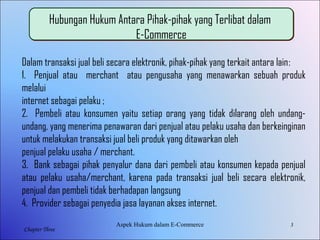 3
Chapter Three
Dalam transaksi jual beli secara elektronik, pihak-pihak yang terkait antara lain:
1. Penjual atau merchant atau pengusaha yang menawarkan sebuah produk
melalui
internet sebagai pelaku ;
2. Pembeli atau konsumen yaitu setiap orang yang tidak dilarang oleh undang-
undang, yang menerima penawaran dari penjual atau pelaku usaha dan berkeinginan
untuk melakukan transaksi jual beli produk yang ditawarkan oleh
penjual pelaku usaha / merchant.
3. Bank sebagai pihak penyalur dana dari pembeli atau konsumen kepada penjual
atau pelaku usaha/merchant, karena pada transaksi jual beli secara elektronik,
penjual dan pembeli tidak berhadapan langsung
4. Provider sebagai penyedia jasa layanan akses internet.
Aspek Hukum dalam E-Commerce
Hubungan Hukum Antara Pihak-pihak yang Terlibat dalam
E-Commerce
Hubungan Hukum Antara Pihak-pihak yang Terlibat dalam
E-Commerce
 