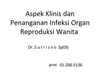 Aspek Klinis dan
Penanganan Infeksi Organ
Reproduksi Wanita
Dr. S u t r i s n o SpOG
arini 01.206.5136
 