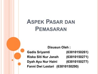 ASPEK PASAR DAN
PEMASARAN
Disusun Oleh :
Gadis Sriyamti (63010150261)
Riska Siti Nur Janah (63010150271)
Dyah Ayu Nur Haini (63010150277)
Fanni Dwi Lestari (63010150290)
 