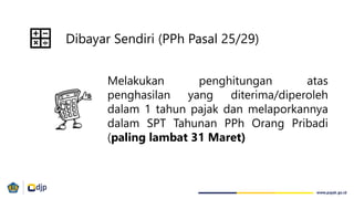 Melakukan penghitungan atas
penghasilan yang diterima/diperoleh
dalam 1 tahun pajak dan melaporkannya
dalam SPT Tahunan PPh Orang Pribadi
(paling lambat 31 Maret)
Dibayar Sendiri (PPh Pasal 25/29)
 