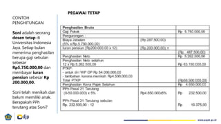 CONTOH
PENGHITUNGAN
Soni adalah seorang
dosen tetap di
Universitas Indonesia
Jaya. Setiap bulan
menerima penghasilan
berupa gaji sebulan
sebesar
Rp5.750.000,00 dan
membayar iuran
pensiun sebesar Rp
200.000,00.
Soni telah menikah dan
belum memiliki anak.
Berapakah PPh
terutang atas Soni?
PEGAWAI TETAP
 