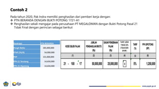 Contoh 2
Pada tahun 2020, Pak Indra memiliki penghasilan dari pemberi kerja dengan:
 PTN BERANDA DENGAN BUKTI POTONG 1721-A1
 Penghasilan sekali mengajar pada perusahaan PT MEGALOMAN dengan Bukti Potong Pasal 21
Tidak Final dengan perincian sebagai berikut
 