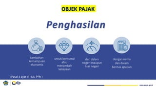 OBJEK PAJAK
Penghasilan
tambahan
kemampuan
ekonomis
untuk konsumsi
atau
menambah
kekayaan
dari dalam
negeri maupun
luar negeri
dengan nama
dan dalam
bentuk apapun
(Pasal 4 ayat (1) UU PPh )
 
