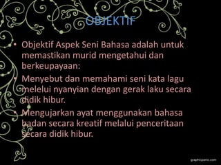 OBJEKTIF
• Objektif Aspek Seni Bahasa adalah untuk
memastikan murid mengetahui dan
berkeupayaan:
• Menyebut dan memahami seni kata lagu
melelui nyanyian dengan gerak laku secara
didik hibur.
• Mengujarkan ayat menggunakan bahasa
badan secara kreatif melalui penceritaan
secara didik hibur.

 