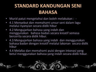 STANDARD KANDUNGAN SENI
BAHASA
• Murid patut mengetahui dan boleh melakukan : • 4.1 Menyebut dan memahami unsur seni dalam lagu
melalui nyanyian secara didik hibur
• 4.2 Mengujarkan bahasa yang indah dan
menggunakan bahasa badan secara kreatif semasa
bercerita secara didik hibur.
• 4.3 Mengujarkan bahasa yang indah dan menggunakan
bahasa badan dengan kreatif melalui lakonan secara didik
hibur
• 4.4 Melafaz dan memahami puisi dengan intonasi yang
betul menggunakan bahasa yang indah secara didik hibur.

 